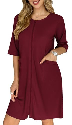 Ekouaer Kurzer Waffel-Bademantel mit Reißverschluss, leicht, knielang, Hausmantel mit Taschen, Nachthemd, Größe S-3XL, Rot/Ausflug, einfarbig (Getaway Solids), X-Large