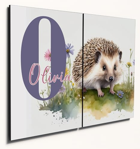 The Plum Penguin Personalised Hedgehog Watercolour Wall Art: 2-Piece A4 Wooden MDF Print for Child's Bedroom Canvas Alternative 40 x 30cm