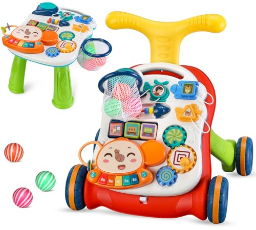 2-in-1 Lauflernhilfe zum Sitzen und Stehen, für Babys von 6 bis 36 Monaten, Babywagen, Lernzentrum, abnehmbare Spielplatte, Grün