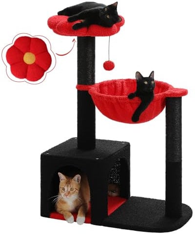 MUTTROS Flower Cat Tree with Black Scratching Posts, 35 Gothic Cat Tower with Large Metal Frame Hammock for Small Indoor Cats, Coffin Cat Condo with Cute Perch for Kittens Halloween, Black