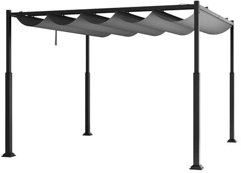 HOMASIS 3 x 3 m Pergola giardino esterno gazebo esterno con tenda retrattile, rifugio colonne con tetto in poliestere idrorepellente, protezione UV per giardino patio terrazza portico, grigio