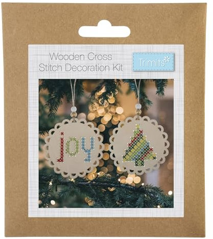 Trimits Wooden Cross Stitch Kits – Handmade Christmas Tree Decorations, Pre-Cut Shapes Embroidery Thread Sets, Festive Crafting Gift – Joy & Tree