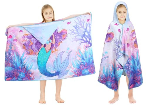 decalsweet Badeponcho Kinder 100% Baumwolle Kapuzen-Babybadetuch, Groß Weich und Saugfähig Kinderhandtuch, Badetücher Handtuch Kapuze Strandtücher für Jungen und Mädchen, 76x 127 cm (Meerjungfrau)