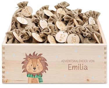 wunderwunsch - Personalisierter Adventskalender zum selber befüllen - Adventskiste Holz mit kinderfreundlichem Druck - mit Juteschnur Jutesäckchen und Holzzahlen als Set (KLEIN Löwe Winter)