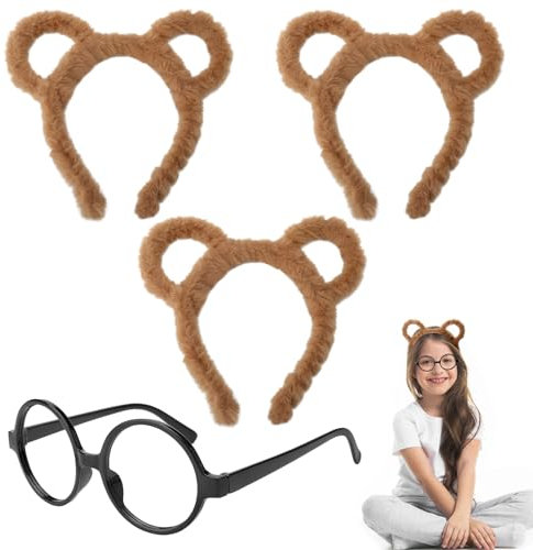 DAWRIS Lot de 4 tamias, 3 bandeaux et lunettes avec oreilles d'ours - Jolis bandeaux d'oreilles de dessin animé - Serre-tête avec oreilles brunes - Accessoires de costume pour Halloween, fête