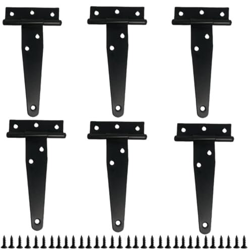 Bisagras de puerta de cobertizo con correa en T de 4 pulgadas, bisagras de correa en T negra, accesorios forjados para vallas de madera (6 piezas)