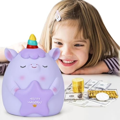Creamily Unicorn Piggy Bank, Briuhap Unbreakable Resin Money Coin Bank, Cute Piggy Bank with DIY Alphabet & Rhinestone Stickers, Great Gifts for Birthday, Christmas, Baby Shower (Purple)