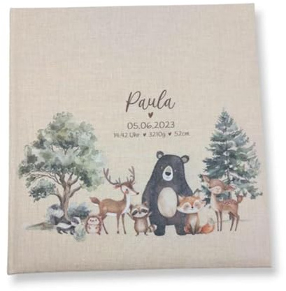 Tenii® Fotoalbum personalisiert Baby, Kind Süße Waldtiere Leinen, Erinnerungsalbum