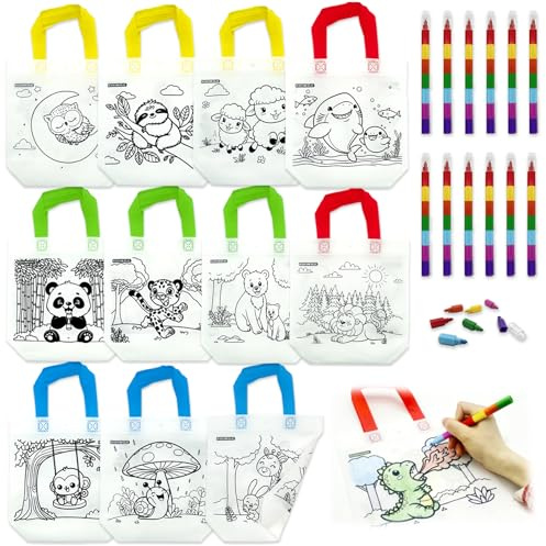 HahaMagic 12 Stofftaschen zum bemalen mit 12 Wachsmalstifte (7-in-1) | Ideal für Taschen bemalen Kindergeburtstag, Mitbringsel Kindergeburtstag, und Kunst-Partygeschenke für Kinder-Klassenzimmer
