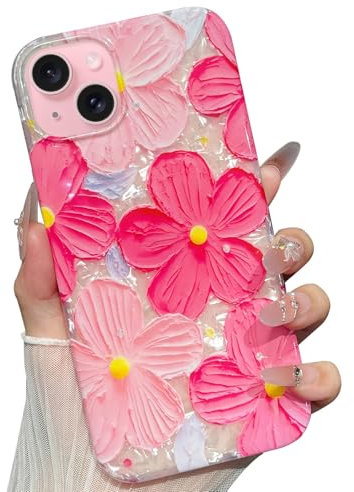 Jmltech for iPhone 13 Case Women Girly Aesthetic Trendy Cute Floral Flowers Case with Beaded Phone Strap Lanyard Oil Painting with Lanyard Shockproof Protective Phone Cases