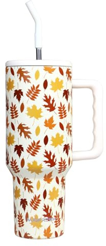 Fall Tumbler 40 oz with Handle and Straw, Fall Autumn Leaves Tumbler Gifts for Women Thanksgiving Cup Holder Friendly Insulated Travel Mug Stainless Steel Water Bottle