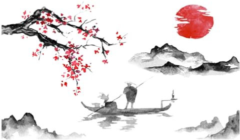 Stickers Muraux Style Chinois Fleurs de Cerisier et Montagne 88x51cm Peinture à l'Encre Traditionnelle