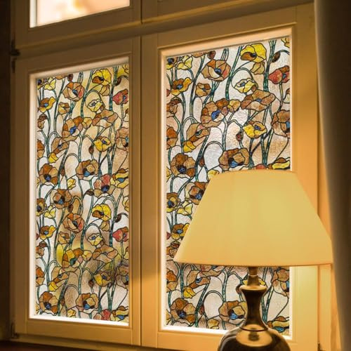 ChicSkin Película decorativa autoadhesiva para ventana, vidrieras, 43 x 300 cm, amapola marrón amarillenta, decoración de vidrio dibujado a mano para dormitorio, sala de estar, cocina y oficinas