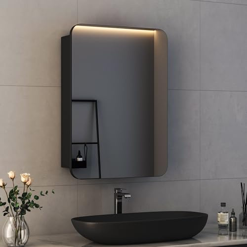 Boromal Spiegelschrank Schwarz Badezimmer Spiegelschrank Bad Metall Badezimmerschrank mit Spiegel Badschrank mit Innenspiegel und Verstellbare Glasablage (50x70x12,5cm)
