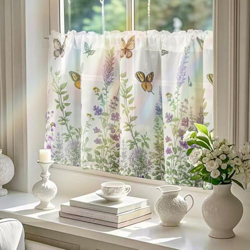 Tokusyou Gardinen Scheibengardinen Halbtransparent Bistrogardinen Vorhang Blumen Schmetterling Weiß Landhausstil Kurzgardine für Badezimmer Fenster 1 Stück 150×60cm(BxH)