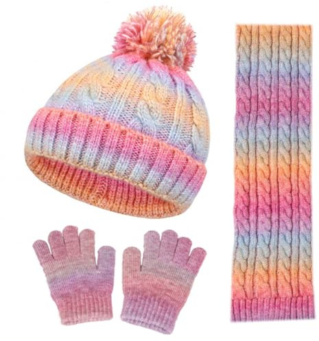 Kunyeah Kleinkind Beanie Mütze Schal Handschuhe Set Kinder gestrickt Fäustlinge Fleece gefüttert Mütze Halswärmer für Jungen Mädchen 3-10 Jahre