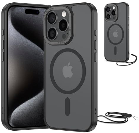 NEW'C Coque pour iPhone 15 Pro Max, Compatible MagSafe - Noir | Coque + Cordon détachable, 6,7 pouces, Magnétique, Antichoc militaire, Aimants N56, Fin