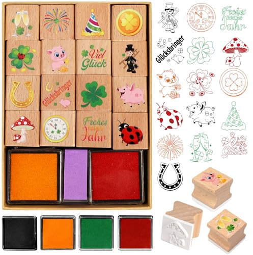 DPKOW Glücksbringer Silvester Stempel für Kinder Basteln Geschenk, Hölzern Stempel für DIY Karte Scrapbooking Glücksbringer Silvester Beschäftigung Kinder Neujahrsglücksbringer Gadget Basteln