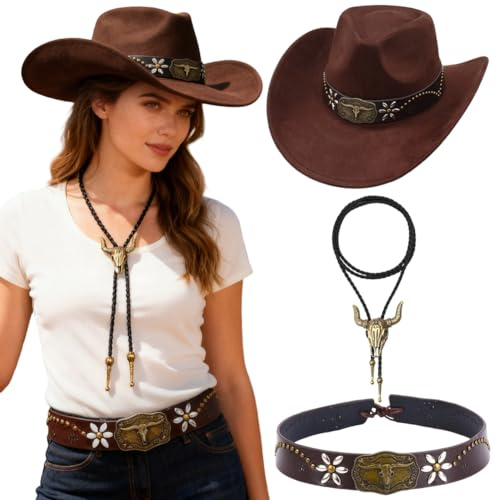 Männer und Frauen Westen Cowboy Hut Retro Cowboy Hut Hutgurt, Krawatte mit Kuh Schädel Anhänger,Cowboy-Accessoires, Themenparty, Halloween-Karneval Kostüme