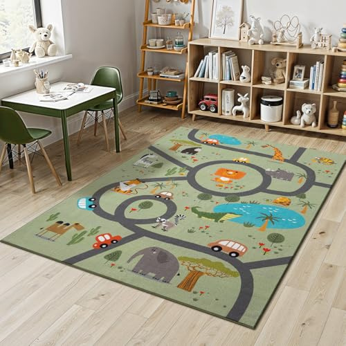 Mia´s Teppiche Joy Kids - Kinderzimmer, Kinderteppich, Spielteppich, Straßenteppich, Dschungel, Straße, Tiere, Grün, 120 x 160 cm