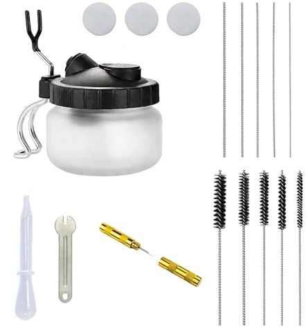 6Pcs Airbrush Cleaning & Maintenance Tool Set, Includes Cleaning Pot, Nylon Brushes, Stainless Steel Needles, Nozzle Tool, Dropper & Wrench for Airbrush Equipment