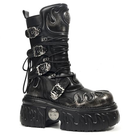 Songella Stivali Punk Gotici da Donna con Suola Platform Spessa, Design a Fiamme, Fibbie Metalliche e Zip Laterale – Stile Biker Rock a Metà Polpaccio Nero Argento, 40 EU