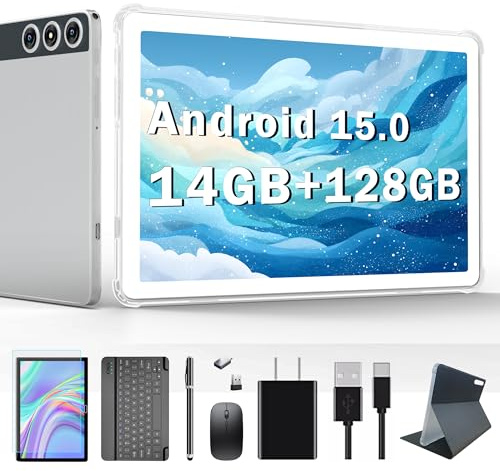 2025 Android 15 tablet, 10 inch tablets with 128GB storage, 14GB RAM 1TB expandable, dual 4G cellular tablets with keyboard support 5Ghz WiFi/Bluetooth 5.0, processor