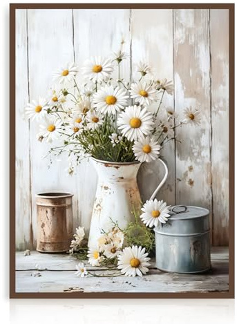 Dazzlewall Gänseblümchen Blüten Wandkunst, Vintage Rustikale Botanische Leinwanddruck für Landhaus Badezimmer Schlafzimmer Wohnzimmer Ohne Rahmen 30x40 cm