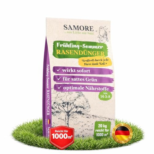 Samore Rasendünger Frühjahr/Sommer I Sofortwirkung für saftiges grün I 20 kg für 1000 m² I gesunder Rasen verdrängt Moos und Unkraut I NPK Dünger Rasen I Gegen Trockenstress I Für den Streuwagen