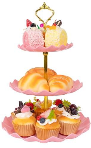Plastic Tiered Serving Tray, 3 Tier Cake Stand Cupcake Holder with Metal Rod, Cake Stand Round Display for Cakes Fruit Cookie Candy, Reusable Dessert Tower Tray for Birthday Wedding Party (Pink)