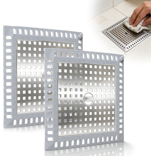 EFUTURETIME 2 × Raccogli Capelli Doccia Quadrato in INOX 12,4 × 12,4 cm | Filtro Scarico con Bordo in Silicone, per Piletta Pavimento Bagno, Vasca, Sifone, Evitare l'Intasamento
