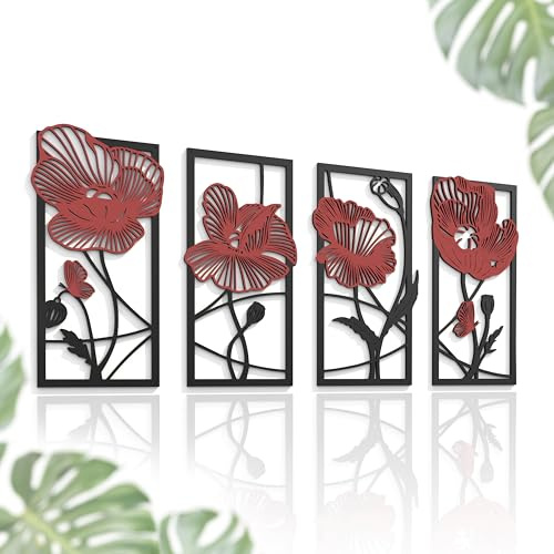 Outentin 3D Holz Wandbild Set – Moderne Wanddeko aus Holz 5mm – Wandkunst & Wandskulptur für Wohnzimmer, Schlafzimmer & Büro – Abstrakte, Boho & Zeitlose Holzdeko (88x43 cm, Rote Mohnblumen)