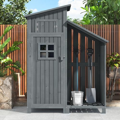 Casetta da giardino in legno, 124 x 46 x 174 cm, armadio da giardino in legno con soffitto in PVC e 2 partizioni, armadio per attrezzi da esterno con finestra di ventilazione e 2 ante