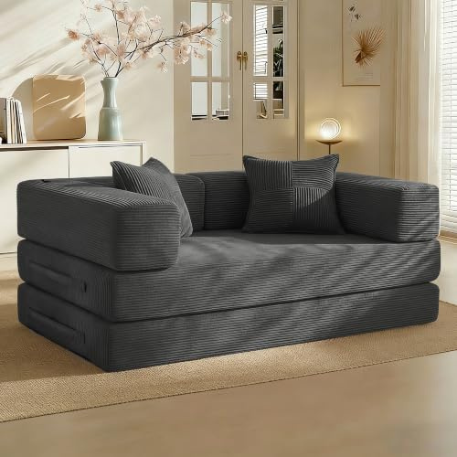 Vipbear Schlafsofa 160cm Breit, Boneless Couch mit Schlaffunktion Cord Sofa | 5-in-1 Bodensofa, 2 Sitzer Boneless Schlafcouch, Cloud Modulares Sofa Bed für Wohnzimmer Schlafzimmer Lounge Grau