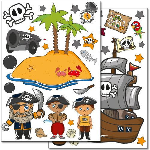 Wandkings Piraten auf Schatzsuche Wandsticker Set, 50 Aufkleber, 2 DIN A4 Bögen, Gesamtfläche 60 x 20 cm