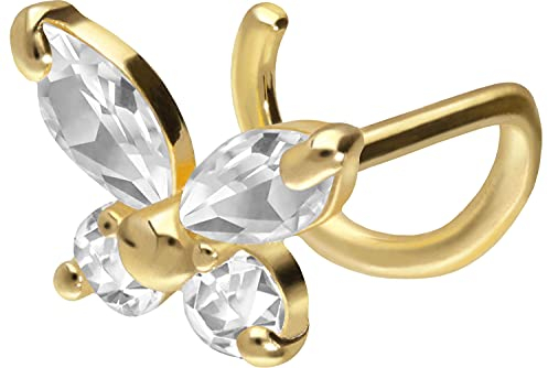 PIERCINGLINE 750er GOLD Nasenpiercing Spirale 18 KARAT SCHMETTERLING mit Kristall Piercing Nase Stecker Gelbgold