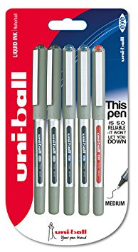 uni-ball 153486335 UB-157 Eye Fine Rollerball Pens, Black/Blue/Red Uni Super Ink, .7mm Nib, Pack of 5