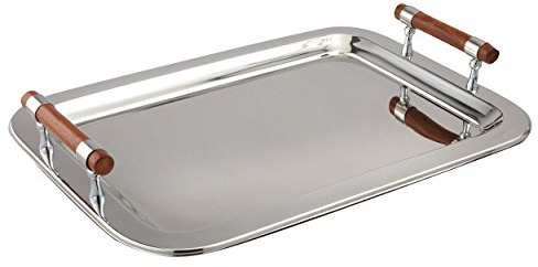Elegance Stainless Steel Large Rectangular Tray with Wood Handles, 22 by 15.5-Inch, Silver