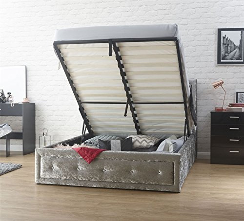 Deerchair Furniture HOLLYWOOD OTTOMAN BEDSTEAD CRUSHED VELVET GAS LIFT STORAGE BED 5FT SILVER MATTRESS NOT INCLUDED