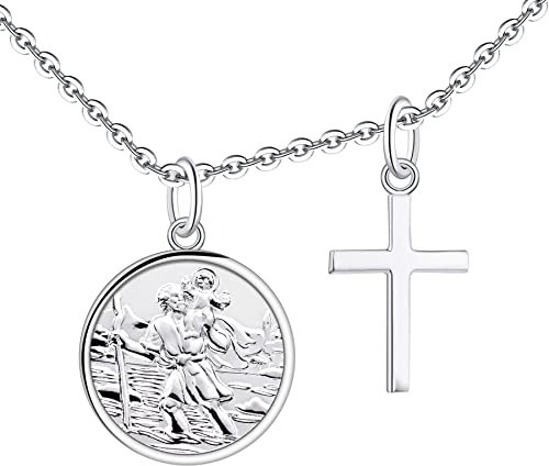 FJ Heiliger Christophorus Kette mit Kreuz 925 Sterling Silber Heiliger Christophorus Anhänger Halskette für Damen Mädchen Jungs Kinder