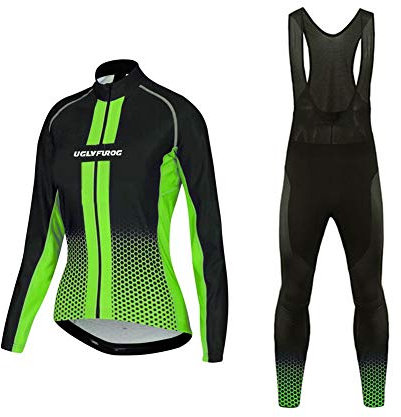 Uglyfrog Fahrrad Trikot Langarm, Damen Winter Fahrradanzüge Set mit Sitzpolster mit Radsport, Trägerhosen für Fahrrad Rennrad