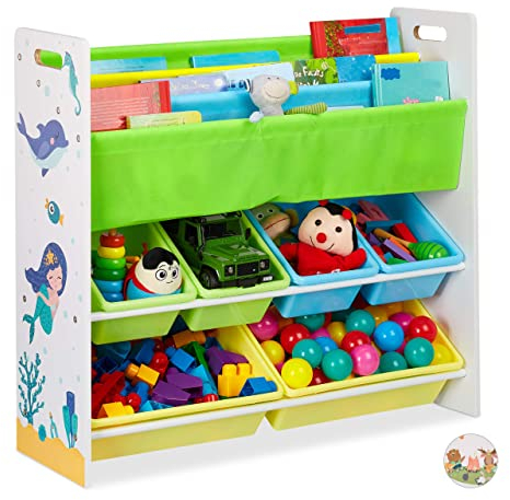 Relaxdays Kinderregal, 6 Boxen, 4 Stofffächer, Meerjungfrau Kindermotiv, Spielzeugregal HxBxT: 78 x 86 x 26,5 cm, bunt