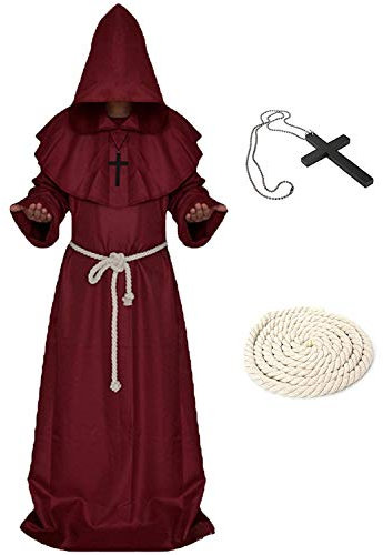 Xinlong Halloween Mönch Robe Priester Kostüm Herren Cosplay Mönchskostüm Mittelalter Renaissance Hooded Mönch Kostüm(S, Burgunderrot)