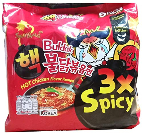 Sam Yang 3 x Spicy Buldak Hot Chicken Flavour Instant Korean Noodles - 140g x 5 Pack (5 Piece Combo) (Imported), 140g
