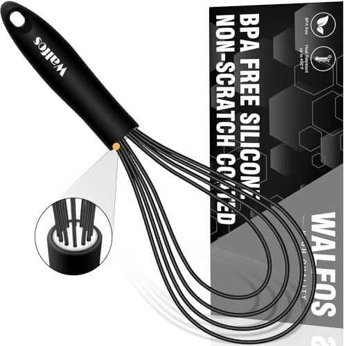 Flat Silicone Whisk, Walfos 11'' Wires Silicone Whisk for Blending Beating Stirring and Kitchen Cooking（Black）