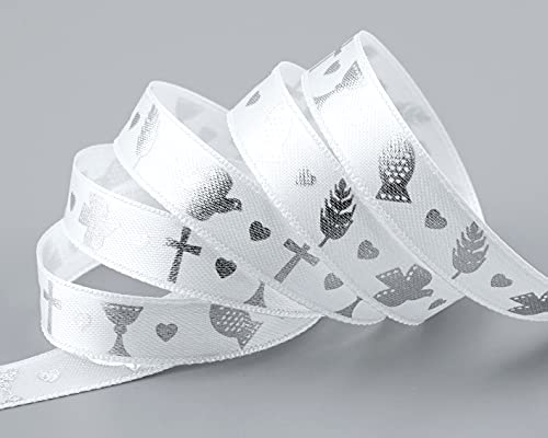 3 m x 15 mm Dekoband Kommunion FISCH TAUBE KREUZ Weiss Silber Schleifenband Geschenkband Satin ohne Draht Herzen Konfirmation Band mit Muster Deko Satinband glänzend