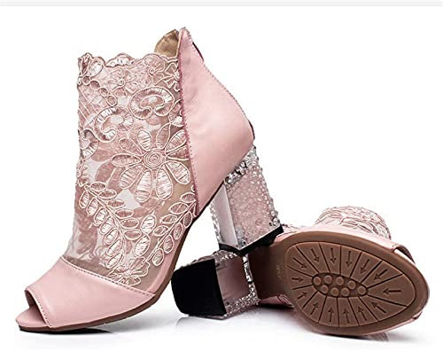 WAYERTY Sandali da Donna con Tacco Alto E Punta Aperta, Stivaletti Estivi in Pelle A Bocca di Pesce con Inserto in Rete di Pizzo Stivali con Cerniera sul Retro Scarpe Eleganti Festa di Nozze,Rosa,34