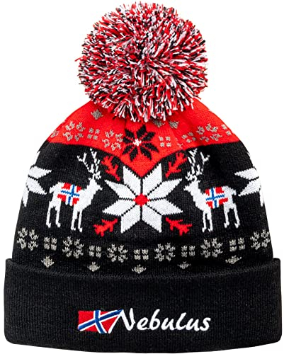Nebulus Unisex Mütze Inverno, mit Norweger Muster, mit Bommel, schwarz-rot - OS