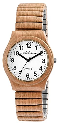 Adrina Damen-Uhr Edelstahl Zugarmband dunkel beige große Ziffern Länge 18 cm Durchmesser 34 mm Breite 18 mm Geschenke für Frauen