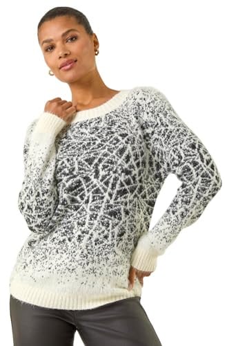 Roman Originals Fluffy Yarn Jumper for Women UK Ladies Thick Sweater Warm Cosy Chunky Knitted Pullover Winter Furry Casual Smart Textured Everyday Cuddly Soft Knitwear - Ivory Black - Size 18